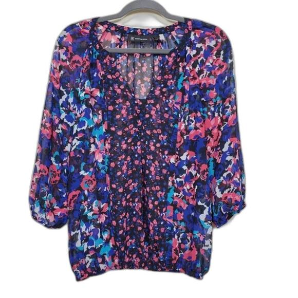INC International Concepts Floral Blouse Womens Size 6 Blue Pink Black Sheer Top - Picture 1 of 8